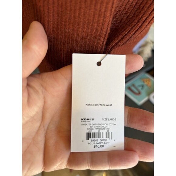 Nine West Women's Size L Cherry Merlot Sqaure Neckline Long Sleeve Sweater NWT - Picture 6 of 11